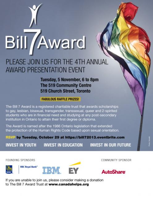You're Invited - Bill 7 Award LGBTQ Scholarship Presentation - Tues. Nov. 5th